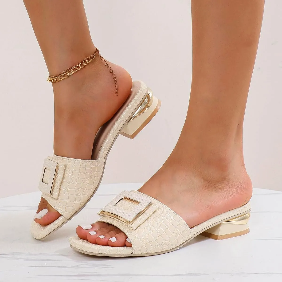 2024 Sandals for Women - Open Toe Buckle Slides, Faux Crocodile Leather Low Heel Slip-On Shoes, Comfortable Summer Flats for Casual & Dressy Outfits