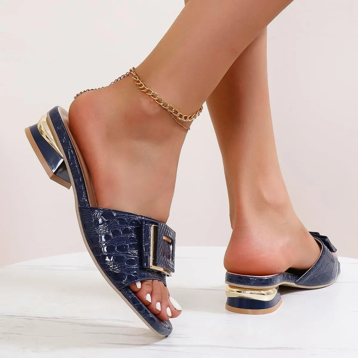 2024 Sandals for Women - Open Toe Buckle Slides, Faux Crocodile Leather Low Heel Slip-On Shoes, Comfortable Summer Flats for Casual & Dressy Outfits