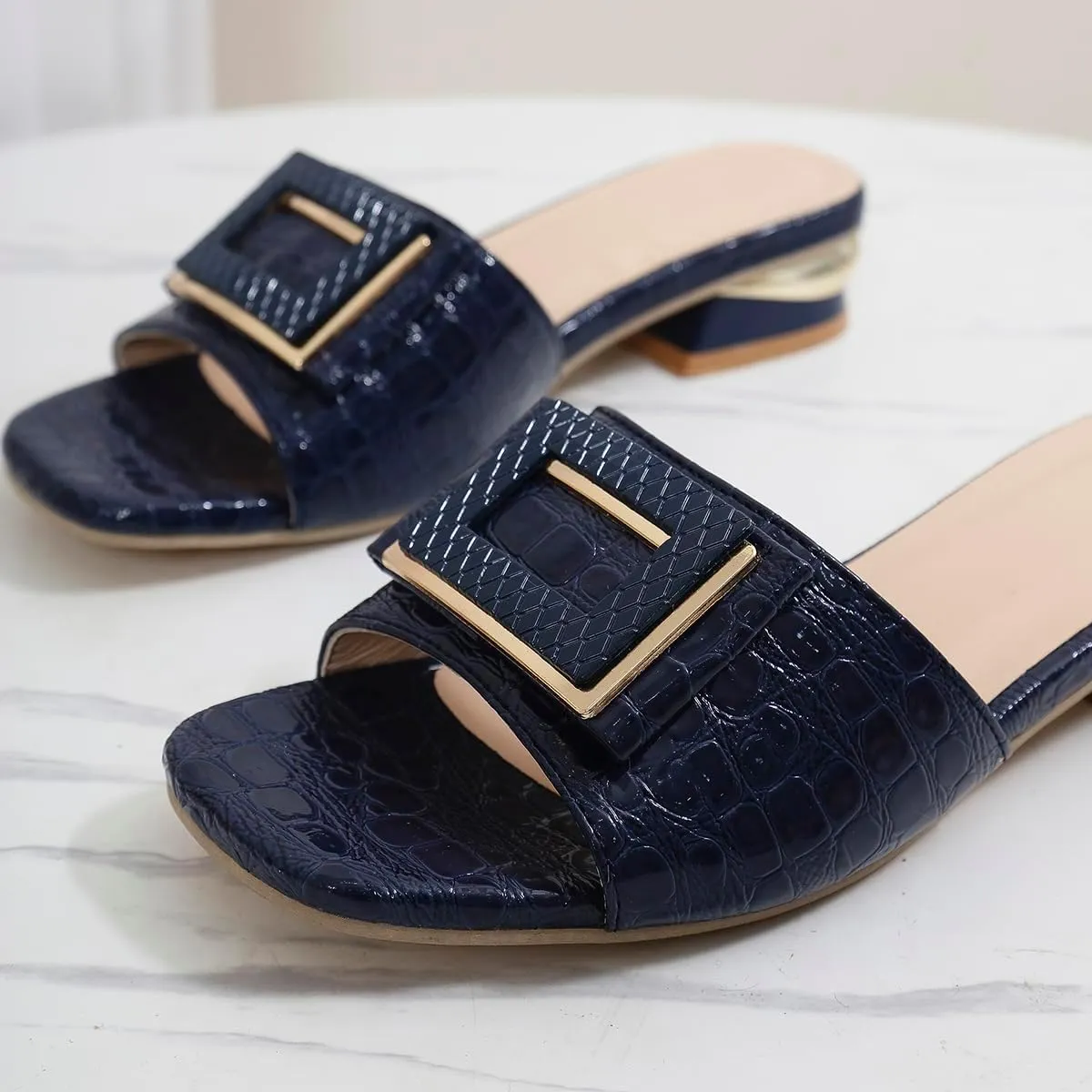 2024 Sandals for Women - Open Toe Buckle Slides, Faux Crocodile Leather Low Heel Slip-On Shoes, Comfortable Summer Flats for Casual & Dressy Outfits