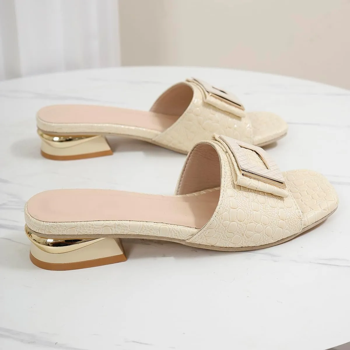 2024 Sandals for Women - Open Toe Buckle Slides, Faux Crocodile Leather Low Heel Slip-On Shoes, Comfortable Summer Flats for Casual & Dressy Outfits