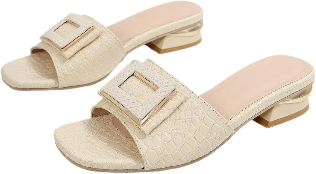 2024 Sandals for Women - Open Toe Buckle Slides, Faux Crocodile Leather Low Heel Slip-On Shoes, Comfortable Summer Flats for Casual & Dressy Outfits