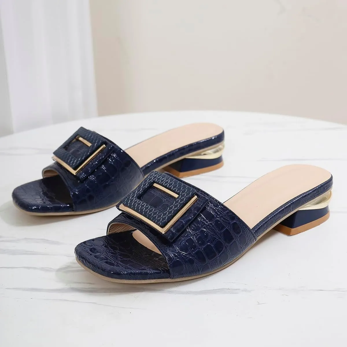 2024 Sandals for Women - Open Toe Buckle Slides, Faux Crocodile Leather Low Heel Slip-On Shoes, Comfortable Summer Flats for Casual & Dressy Outfits