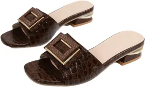 2024 Sandals for Women - Open Toe Buckle Slides, Faux Crocodile Leather Low Heel Slip-On Shoes, Comfortable Summer Flats for Casual & Dressy Outfits