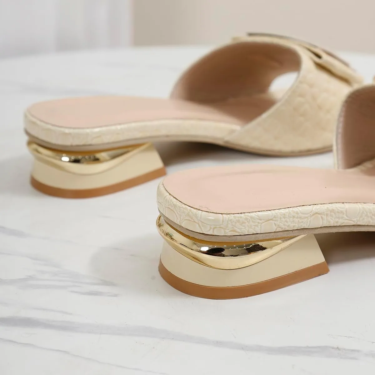 2024 Sandals for Women - Open Toe Buckle Slides, Faux Crocodile Leather Low Heel Slip-On Shoes, Comfortable Summer Flats for Casual & Dressy Outfits