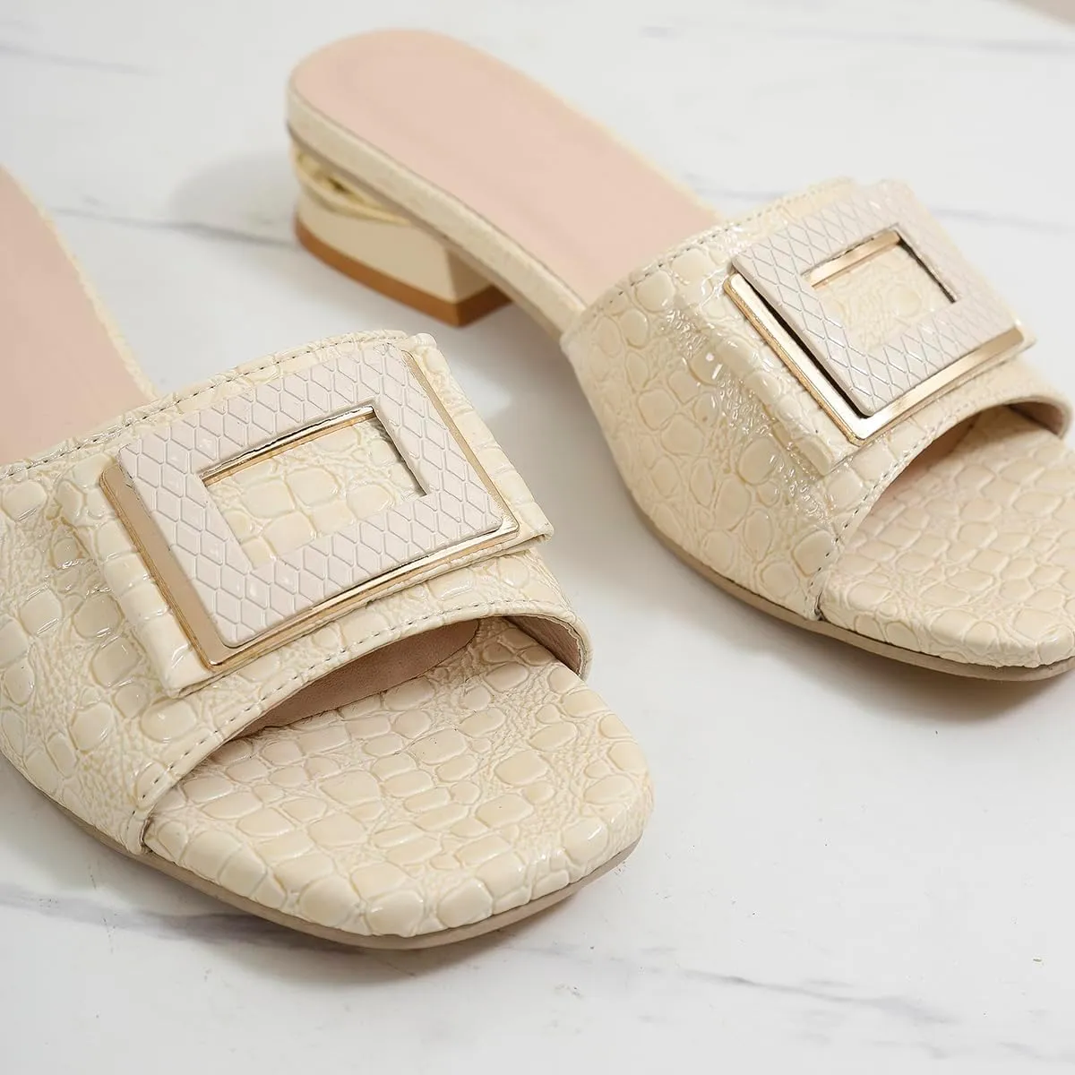 2024 Sandals for Women - Open Toe Buckle Slides, Faux Crocodile Leather Low Heel Slip-On Shoes, Comfortable Summer Flats for Casual & Dressy Outfits