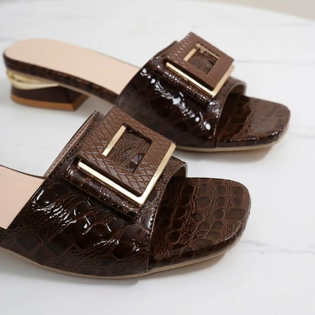 2024 Sandals for Women - Open Toe Buckle Slides, Faux Crocodile Leather Low Heel Slip-On Shoes, Comfortable Summer Flats for Casual & Dressy Outfits