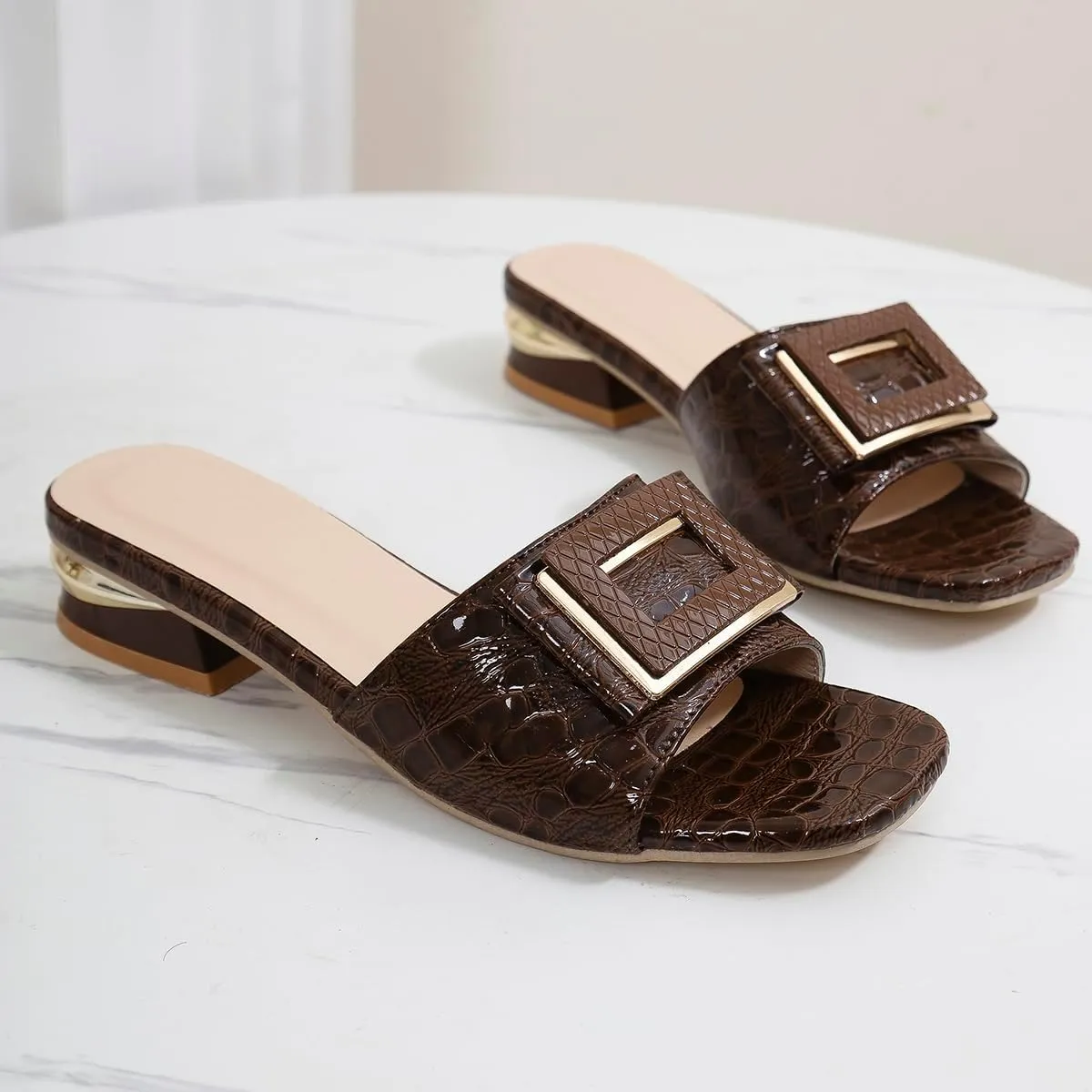 2024 Sandals for Women - Open Toe Buckle Slides, Faux Crocodile Leather Low Heel Slip-On Shoes, Comfortable Summer Flats for Casual & Dressy Outfits