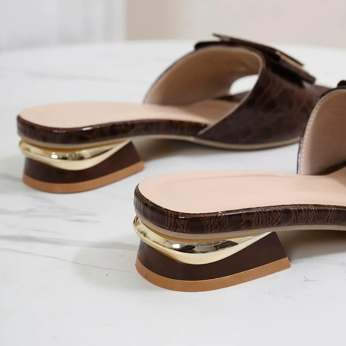 2024 Sandals for Women - Open Toe Buckle Slides, Faux Crocodile Leather Low Heel Slip-On Shoes, Comfortable Summer Flats for Casual & Dressy Outfits
