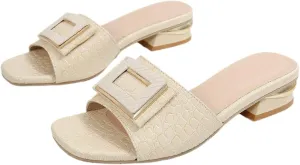 2024 Sandals for Women - Open Toe Buckle Slides, Faux Crocodile Leather Low Heel Slip-On Shoes, Comfortable Summer Flats for Casual & Dressy Outfits