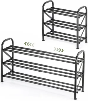 3-Tier Shoe Rack for Closet, 16"-33" Expandable ShoeRack, Adjustable for Entryway Closet Doorway SturdyMetal, Black