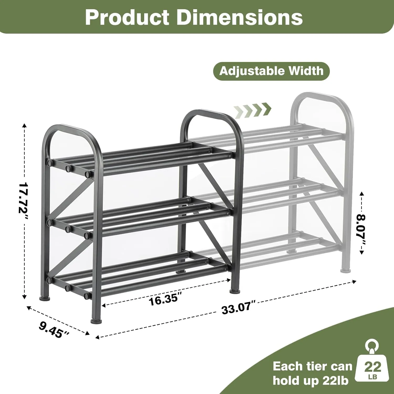 3-Tier Shoe Rack for Closet, 16"-33" Expandable ShoeRack, Adjustable for Entryway Closet Doorway SturdyMetal, Black