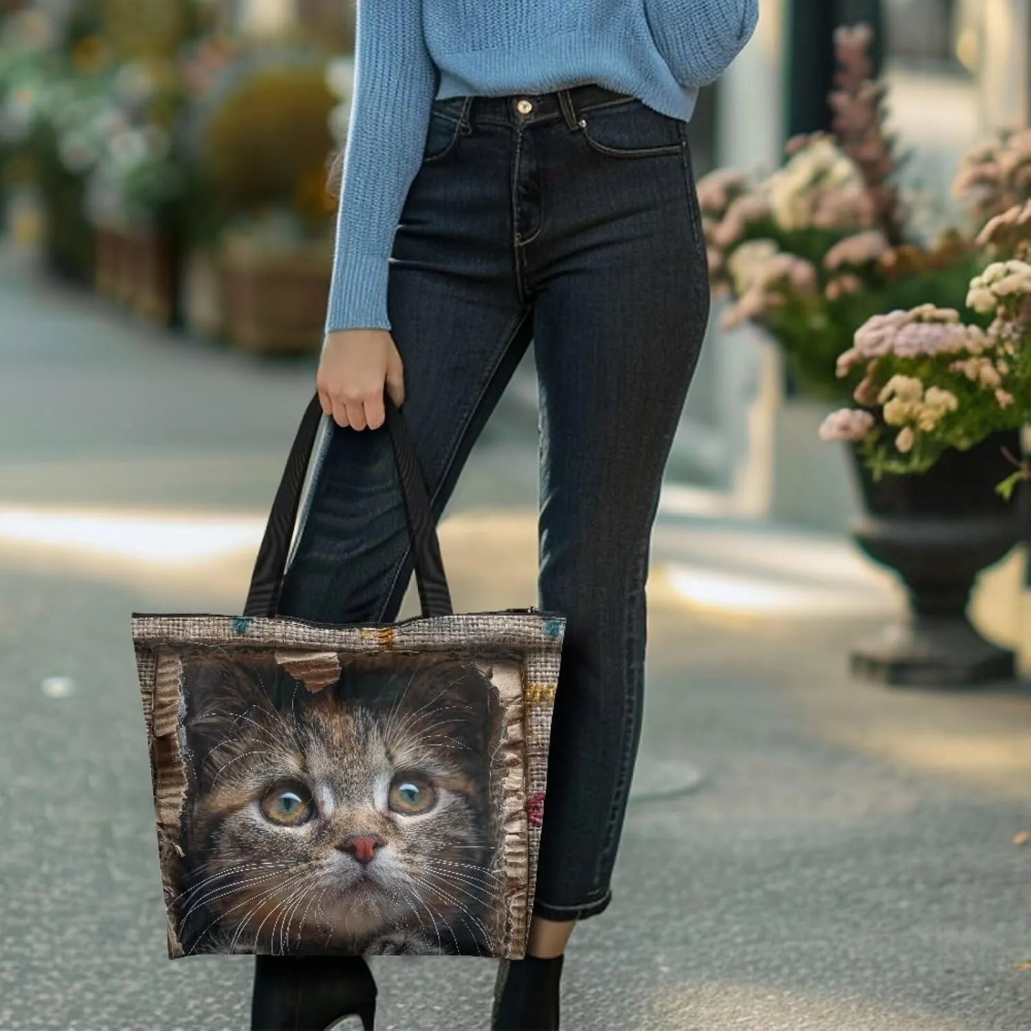 3D Vivid Cat 14x6x15 Tote Paper Bag for Women, Gothic Rose Butterfly Hand Bag, Halloween Spider Web Commute Bag