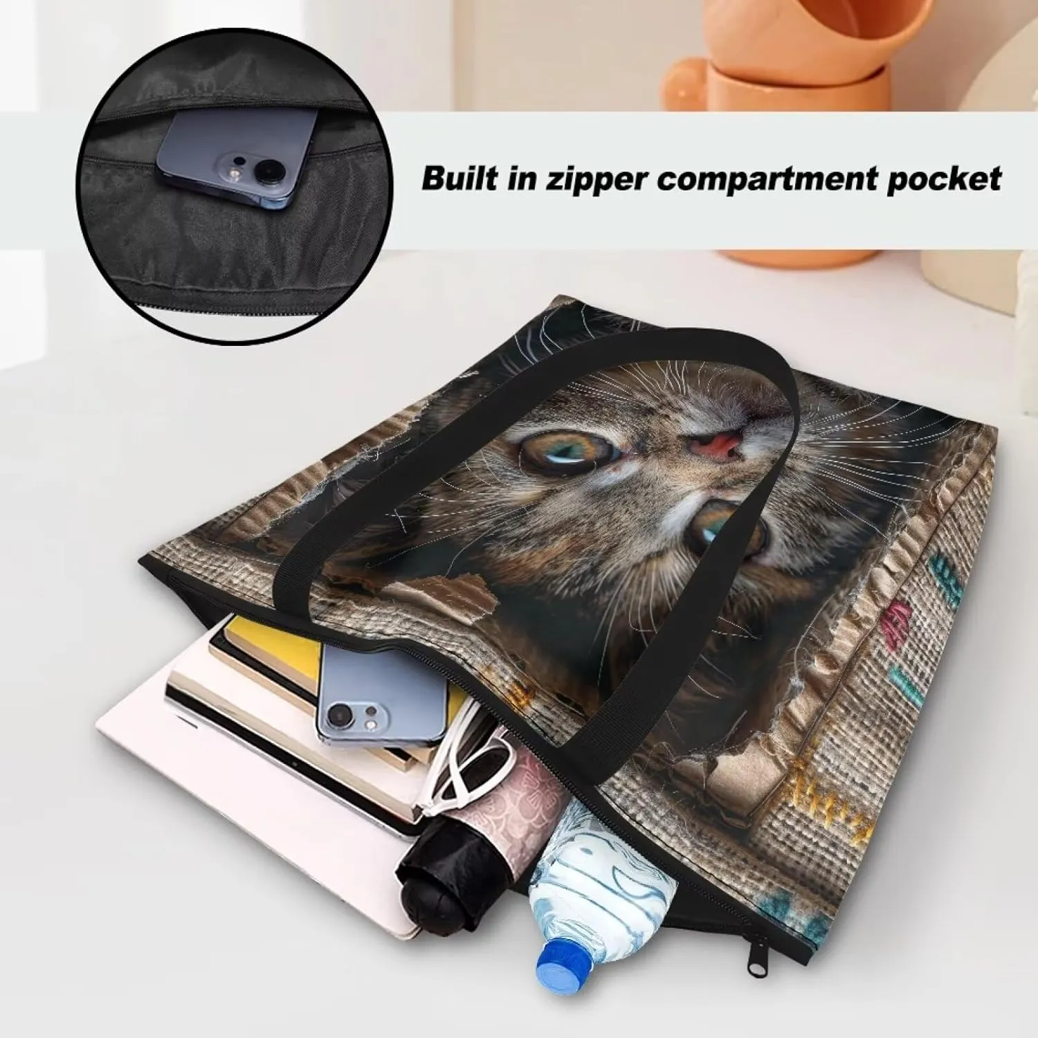3D Vivid Cat 14x6x15 Tote Paper Bag for Women, Gothic Rose Butterfly Hand Bag, Halloween Spider Web Commute Bag