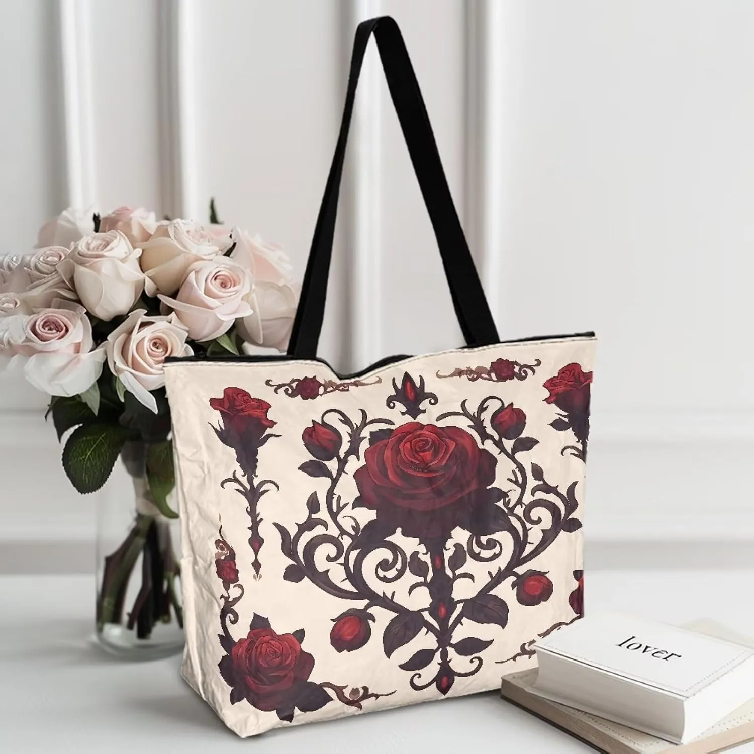 3D Vivid Cat 14x6x15 Tote Paper Bag for Women, Gothic Rose Butterfly Hand Bag, Halloween Spider Web Commute Bag