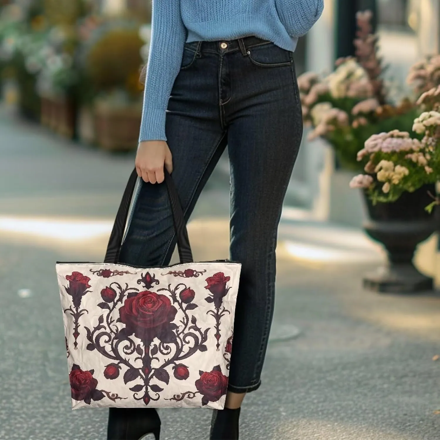 3D Vivid Cat 14x6x15 Tote Paper Bag for Women, Gothic Rose Butterfly Hand Bag, Halloween Spider Web Commute Bag