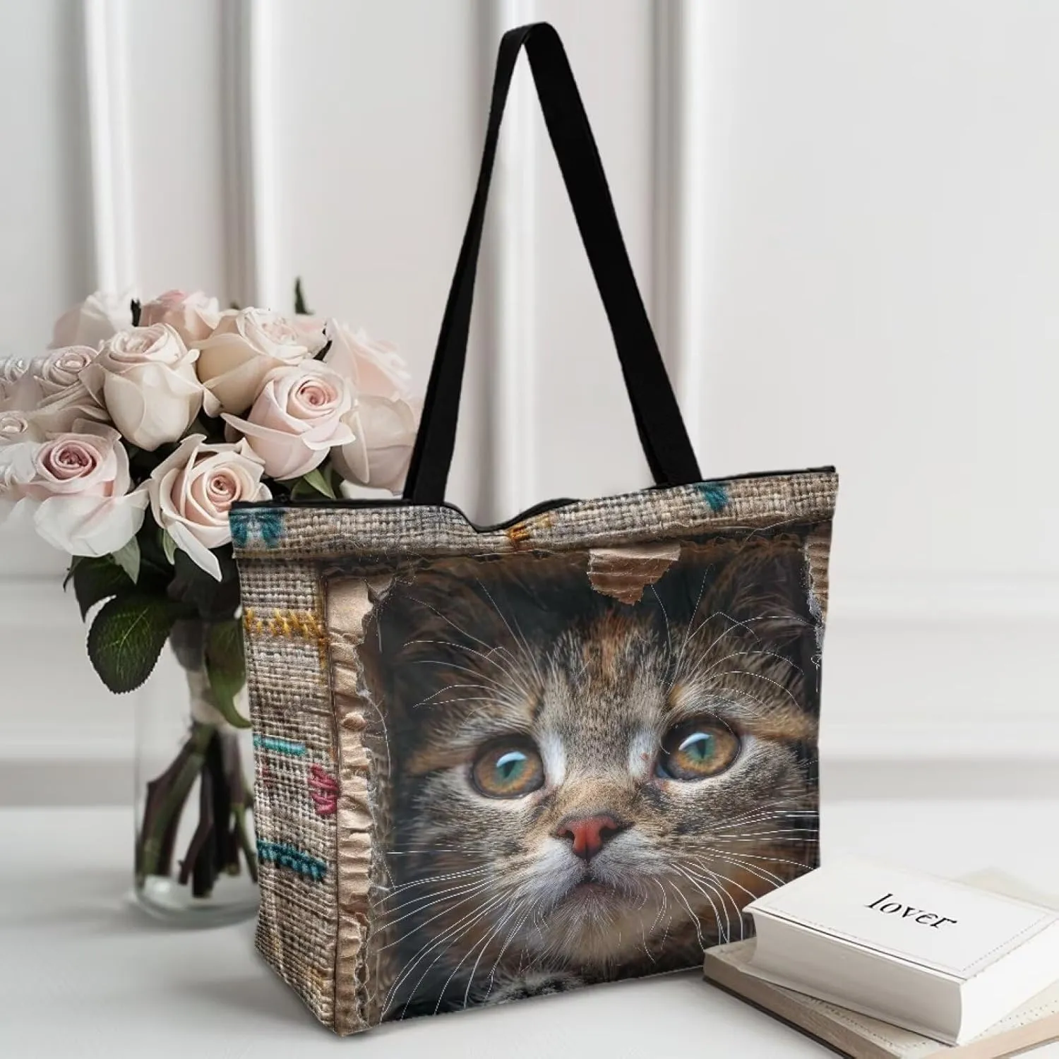3D Vivid Cat 14x6x15 Tote Paper Bag for Women, Gothic Rose Butterfly Hand Bag, Halloween Spider Web Commute Bag
