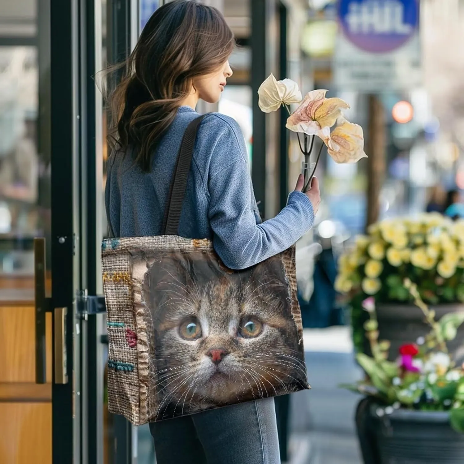 3D Vivid Cat 14x6x15 Tote Paper Bag for Women, Gothic Rose Butterfly Hand Bag, Halloween Spider Web Commute Bag