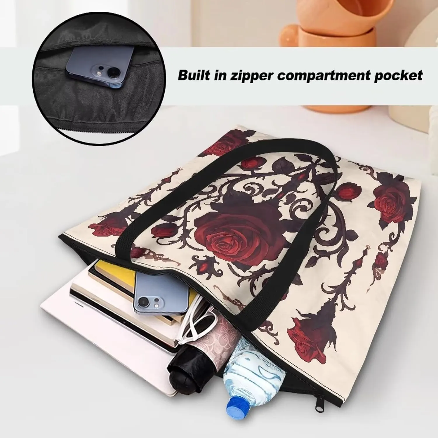 3D Vivid Cat 14x6x15 Tote Paper Bag for Women, Gothic Rose Butterfly Hand Bag, Halloween Spider Web Commute Bag