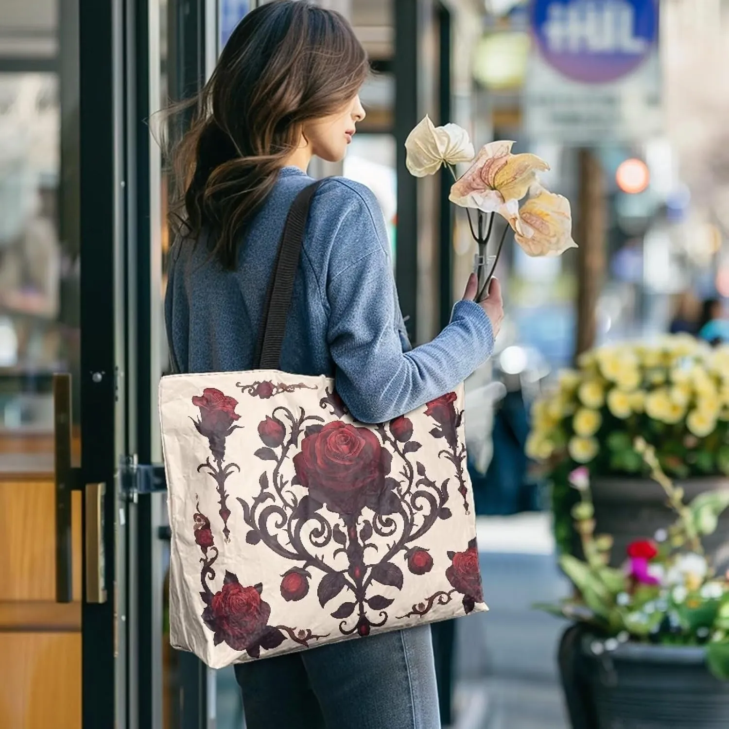 3D Vivid Cat 14x6x15 Tote Paper Bag for Women, Gothic Rose Butterfly Hand Bag, Halloween Spider Web Commute Bag