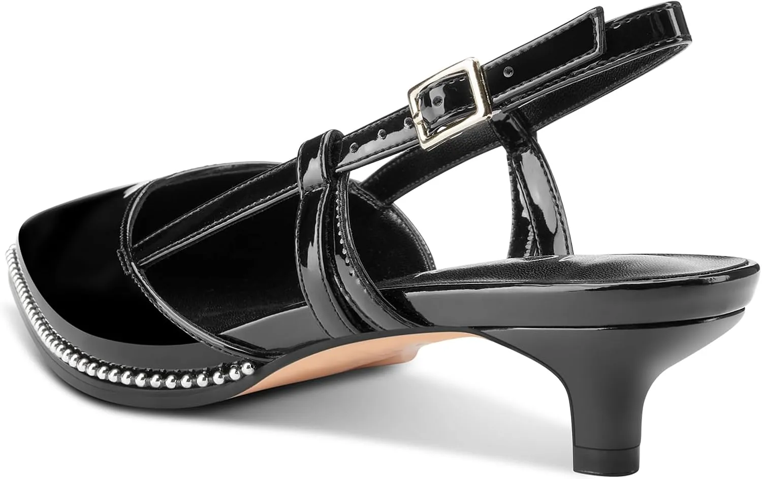 Aachcol Womens Pointed Toe Slingback Heels Low Kitten Heel Sandals Patent Leather Sliver Beaded Pumps Buckle Prom Dress Shoes 1.4 Inches Heels