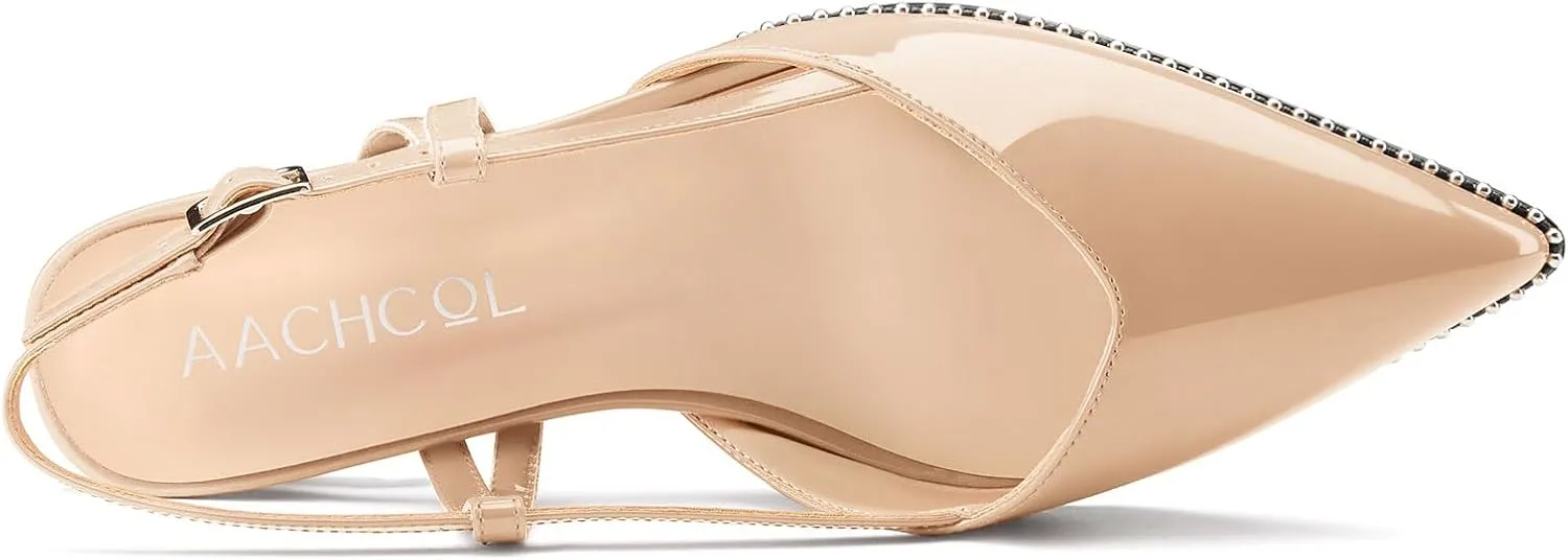 Aachcol Womens Pointed Toe Slingback Heels Low Kitten Heel Sandals Patent Leather Sliver Beaded Pumps Buckle Prom Dress Shoes 1.4 Inches Heels