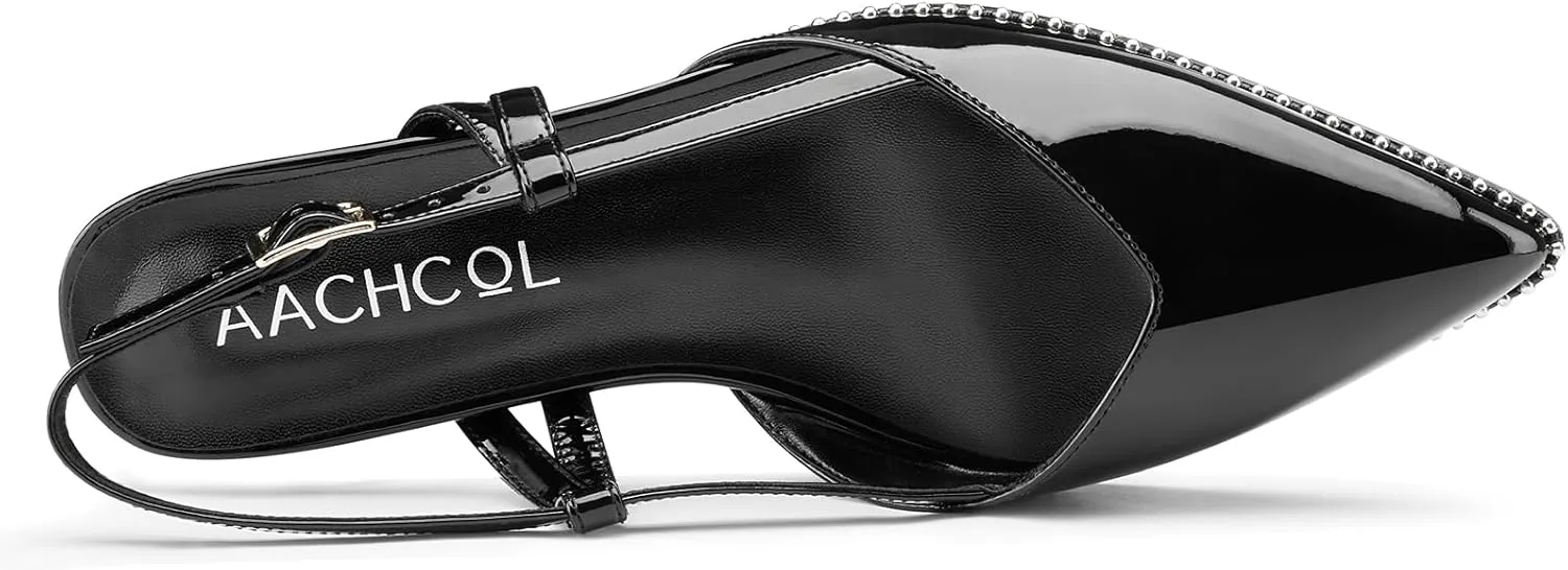 Aachcol Womens Pointed Toe Slingback Heels Low Kitten Heel Sandals Patent Leather Sliver Beaded Pumps Buckle Prom Dress Shoes 1.4 Inches Heels