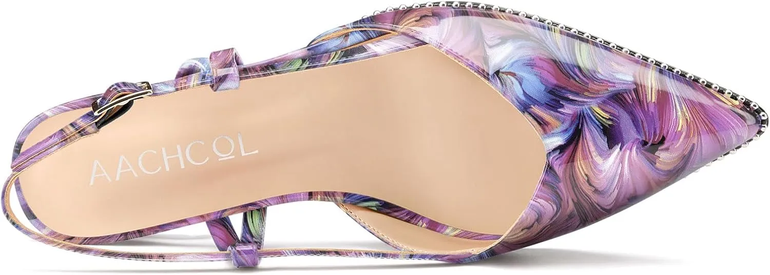 Aachcol Womens Pointed Toe Slingback Heels Low Kitten Heel Sandals Patent Leather Sliver Beaded Pumps Buckle Prom Dress Shoes 1.4 Inches Heels