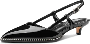 Aachcol Womens Pointed Toe Slingback Heels Low Kitten Heel Sandals Patent Leather Sliver Beaded Pumps Buckle Prom Dress Shoes 1.4 Inches Heels