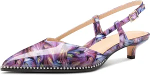 Aachcol Womens Pointed Toe Slingback Heels Low Kitten Heel Sandals Patent Leather Sliver Beaded Pumps Buckle Prom Dress Shoes 1.4 Inches Heels