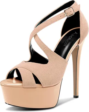 Aachcol Womens Stiletto High Platform Heel Peep Open Toe Sandals Cross-Strap Buckle Prom Dress 5.9 Inches Heels