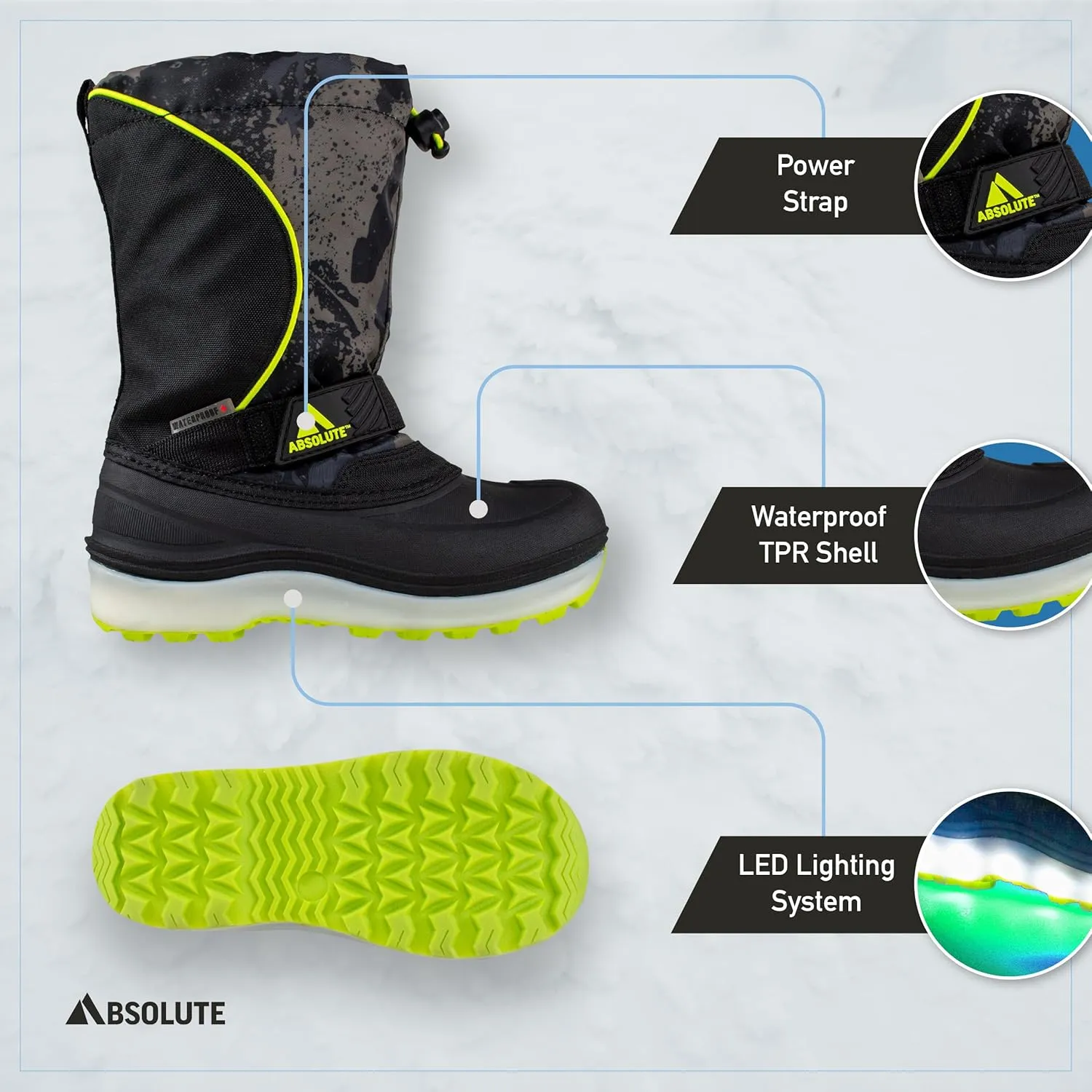 Absolute Nebula 4 Little Kid Light Up Snow Winter Boots, Warm, Insulated, Waterproof Shell