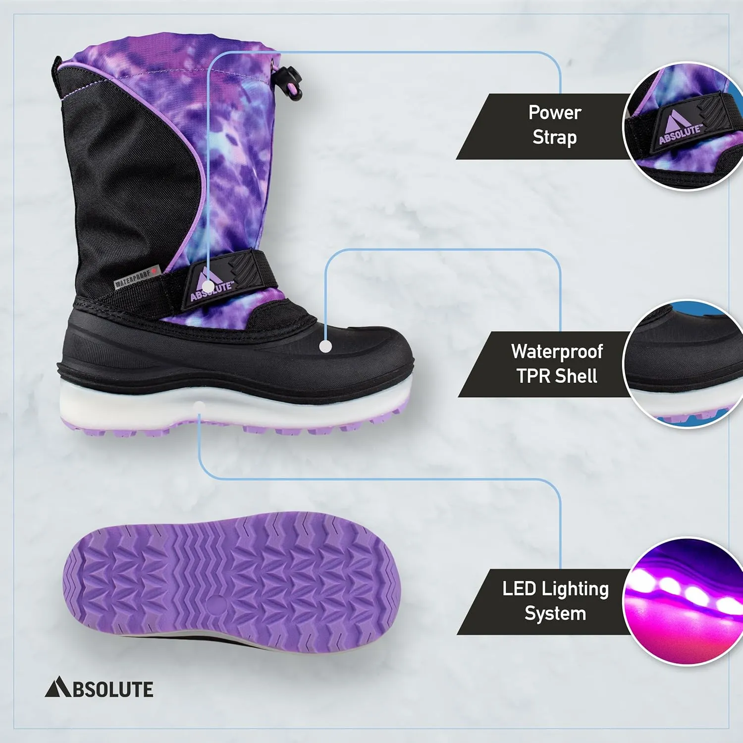 Absolute Nebula 4 Little Kid Light Up Snow Winter Boots, Warm, Insulated, Waterproof Shell