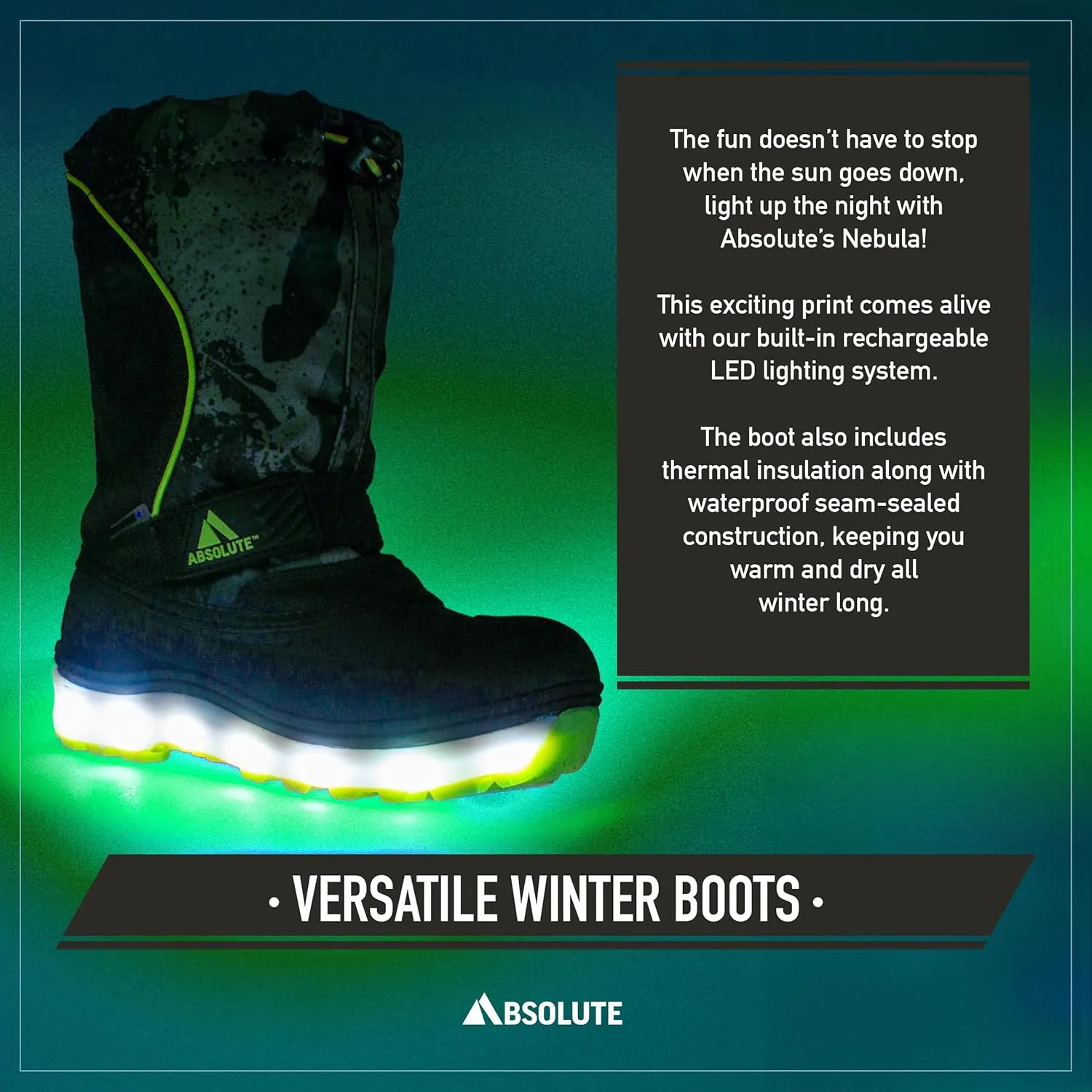 Absolute Nebula 4 Little Kid Light Up Snow Winter Boots, Warm, Insulated, Waterproof Shell