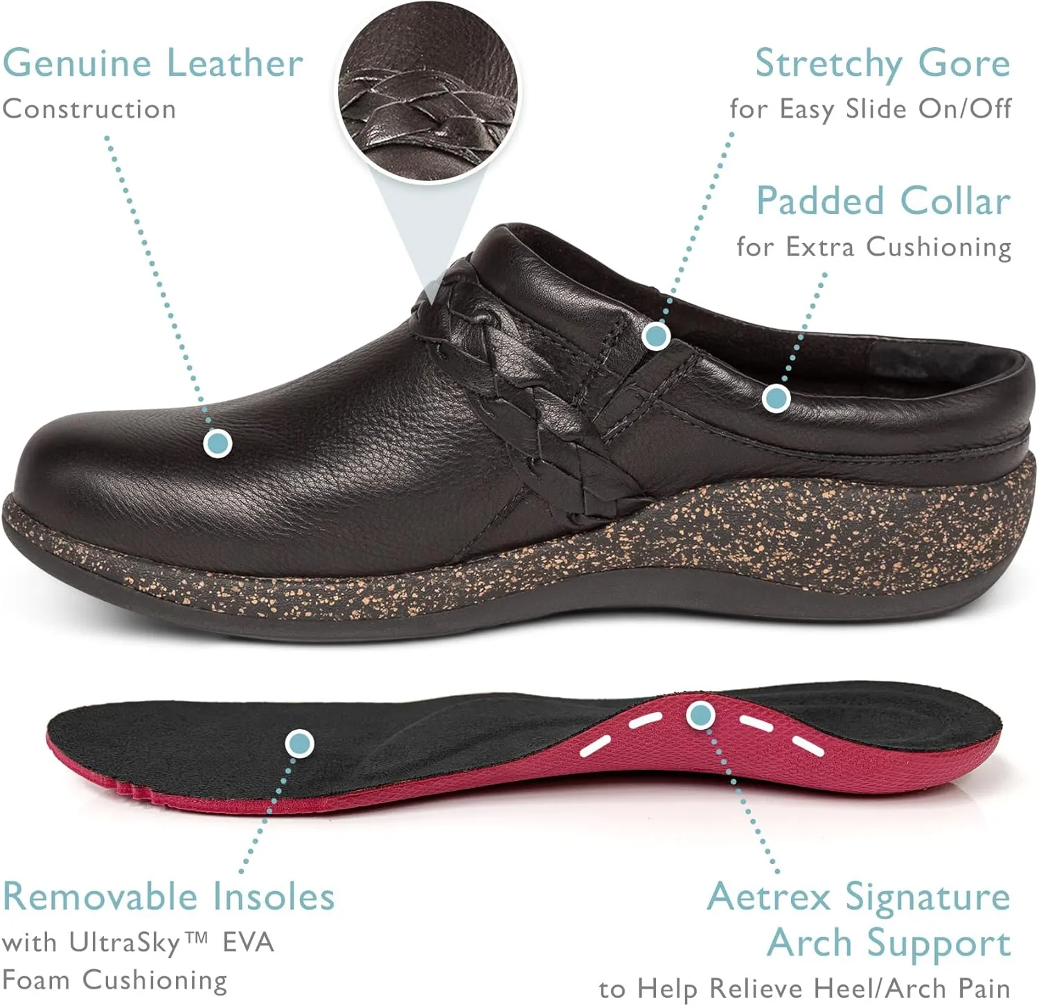 Aetrex Women's Libby Orthopedic Comfort Leather Womens Clogs - Adjustable Buckle Lightweight Cork Footbed Women's Mules & Clogs