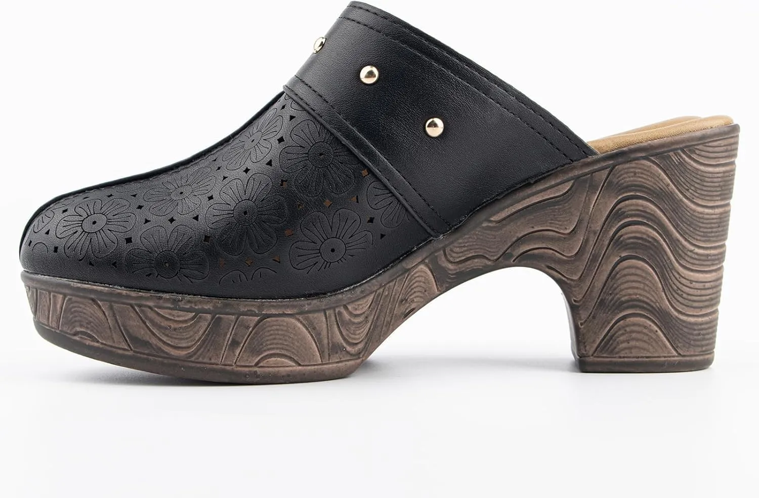 Altxic Women's Hollow Out Low Block Chunky Heels Comfy Slip On Wood Grain Open Back Mule Clogs