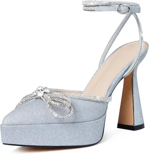 AMINUGAL Womens Rhinestones Bow Knot Platform Heeled Sandals Ankle Strap Pointed Toe Stiletto High Heels Fashion Dress Pumps Shoes For Women