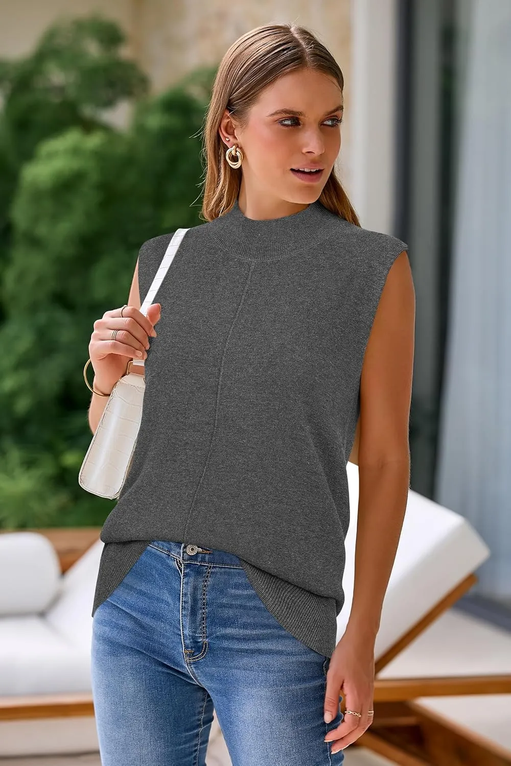 Arach&Cloz Women 2025 Wool Blended Mock Neck Sleeveless Sweater Vest Summer Business Office Knit Spring Trendy Tops