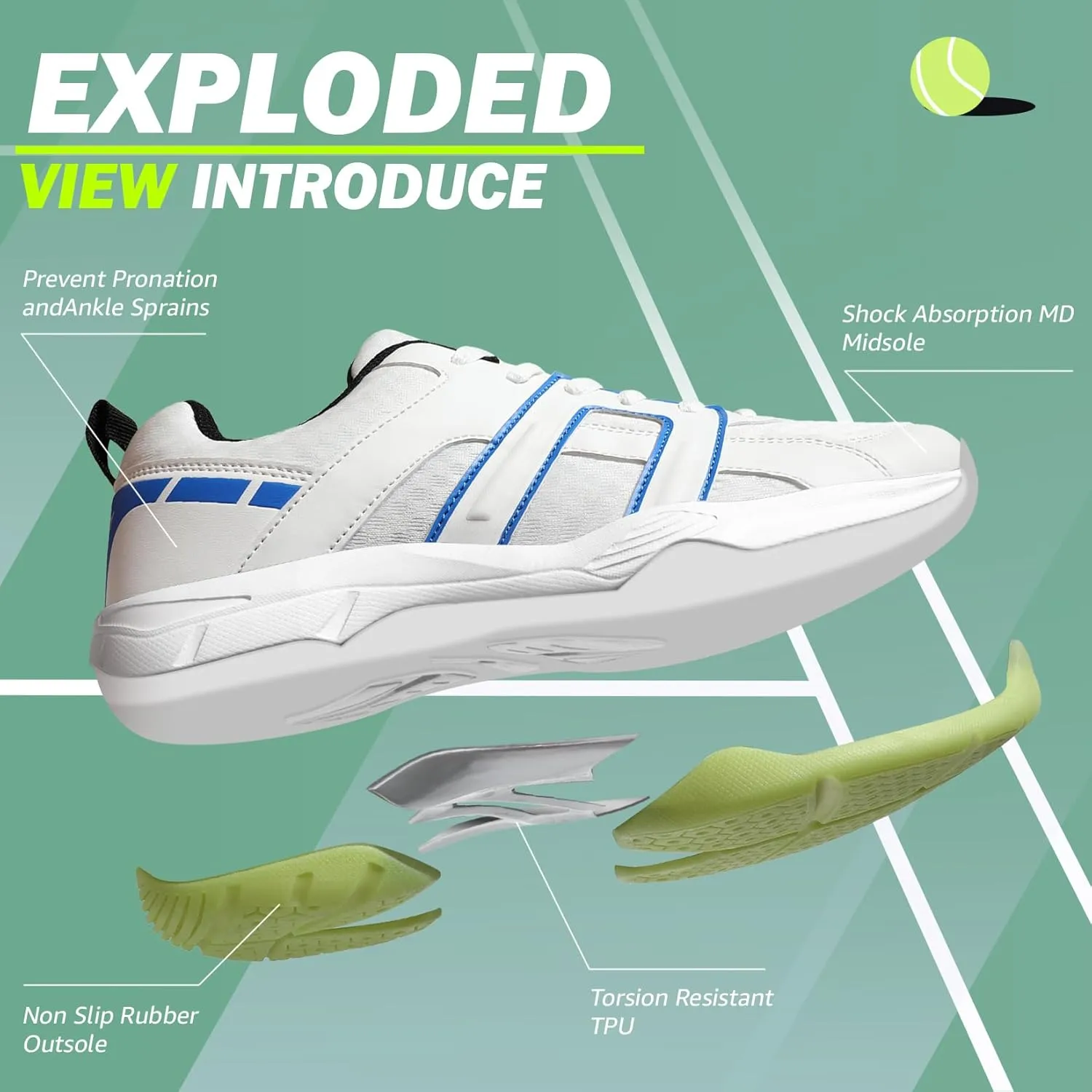 ASHION Pickleball Shoes for Men Tennis Shoes Sneakers for All Court Racquetball Athletic Shoes for Racquet Sport | Arch Support