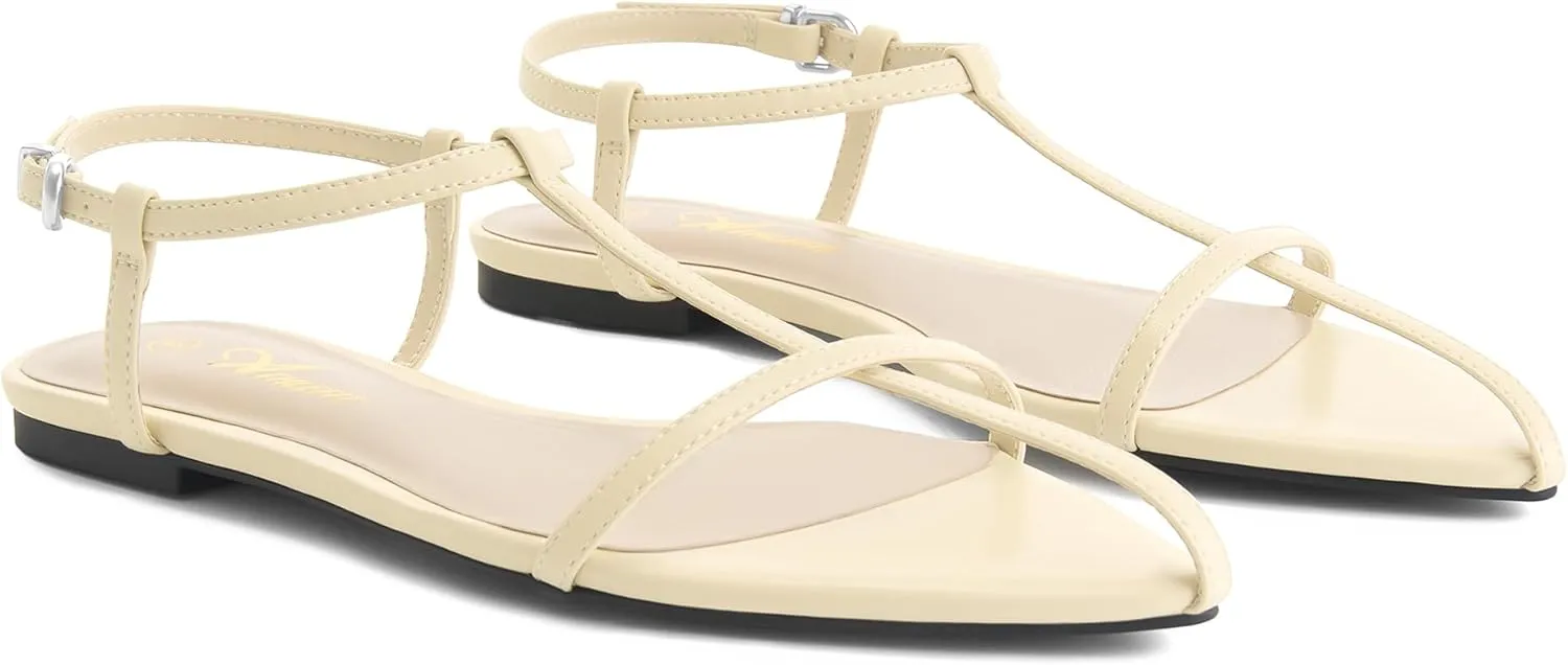 Athlefit Flat Sandals for Women Comfortable Buckle Strappy Sandals Pointed Open Toe Ankle Strap Sandals