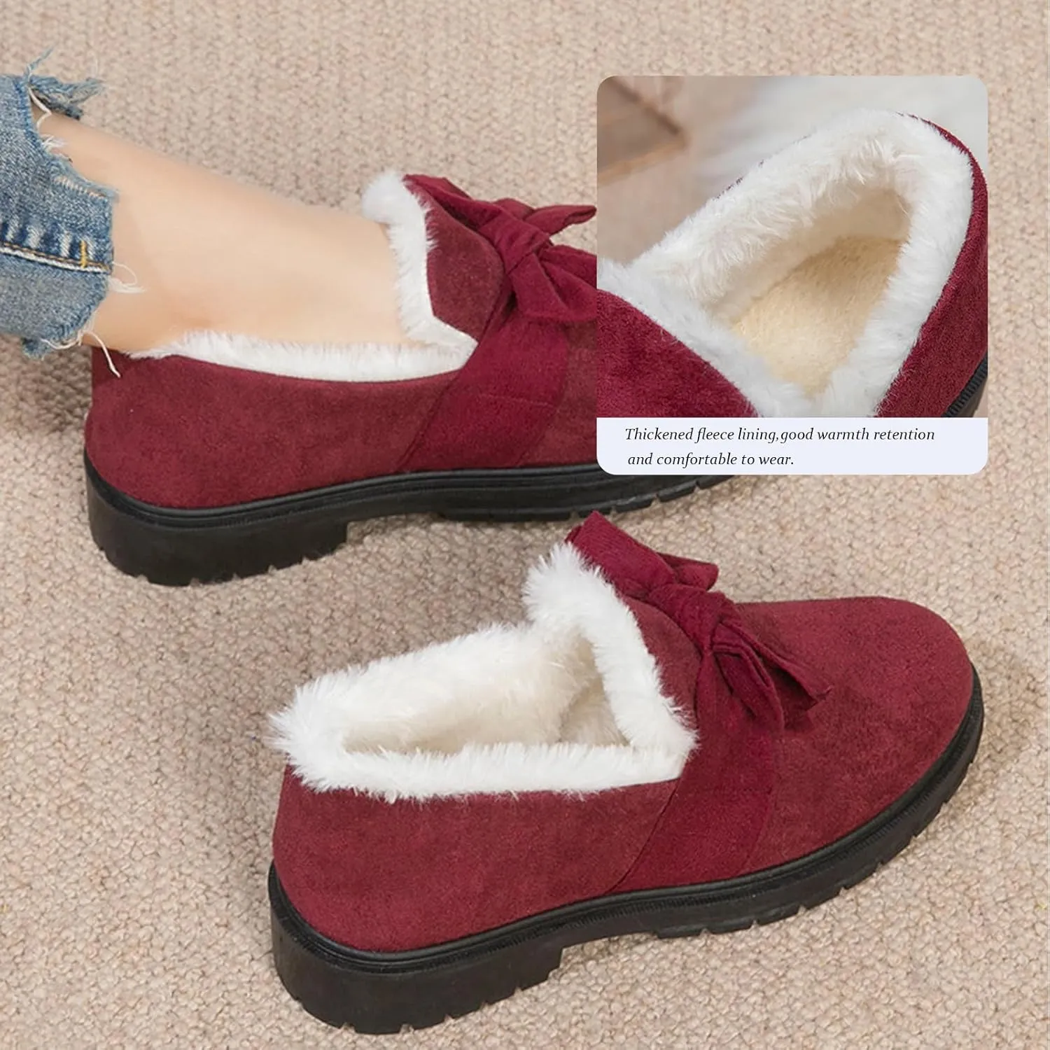 AUNTHUI Women's Winter Fleece Slip-On Loafers,Fur-Lined Warm Non-Slip Thickened Outdoor Cotton Shoes