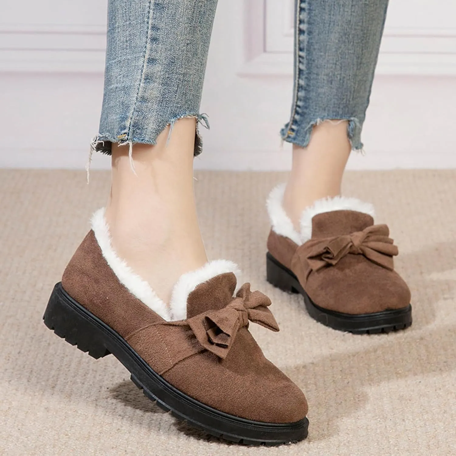 AUNTHUI Women's Winter Fleece Slip-On Loafers,Fur-Lined Warm Non-Slip Thickened Outdoor Cotton Shoes