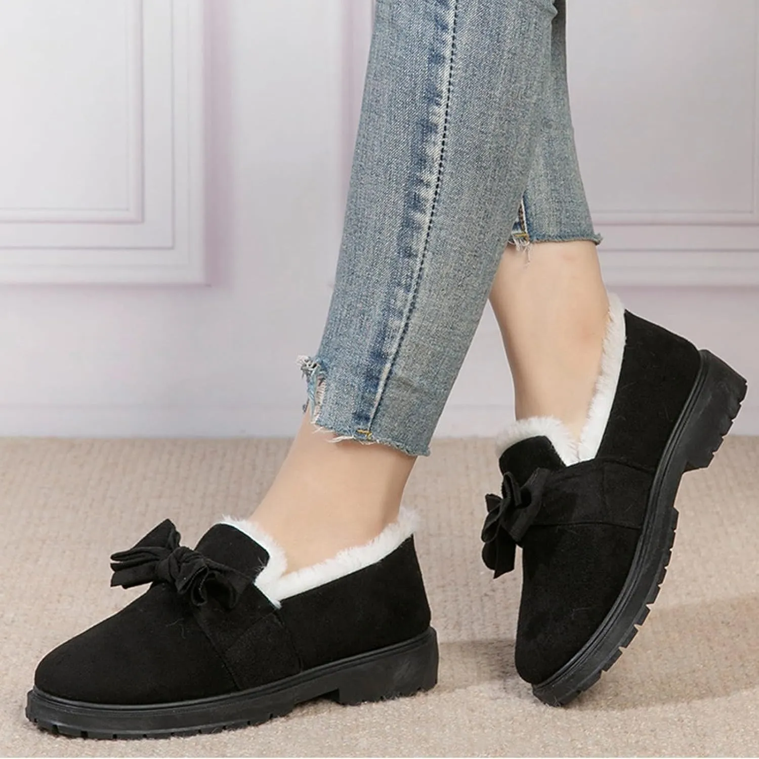 AUNTHUI Women's Winter Fleece Slip-On Loafers,Fur-Lined Warm Non-Slip Thickened Outdoor Cotton Shoes