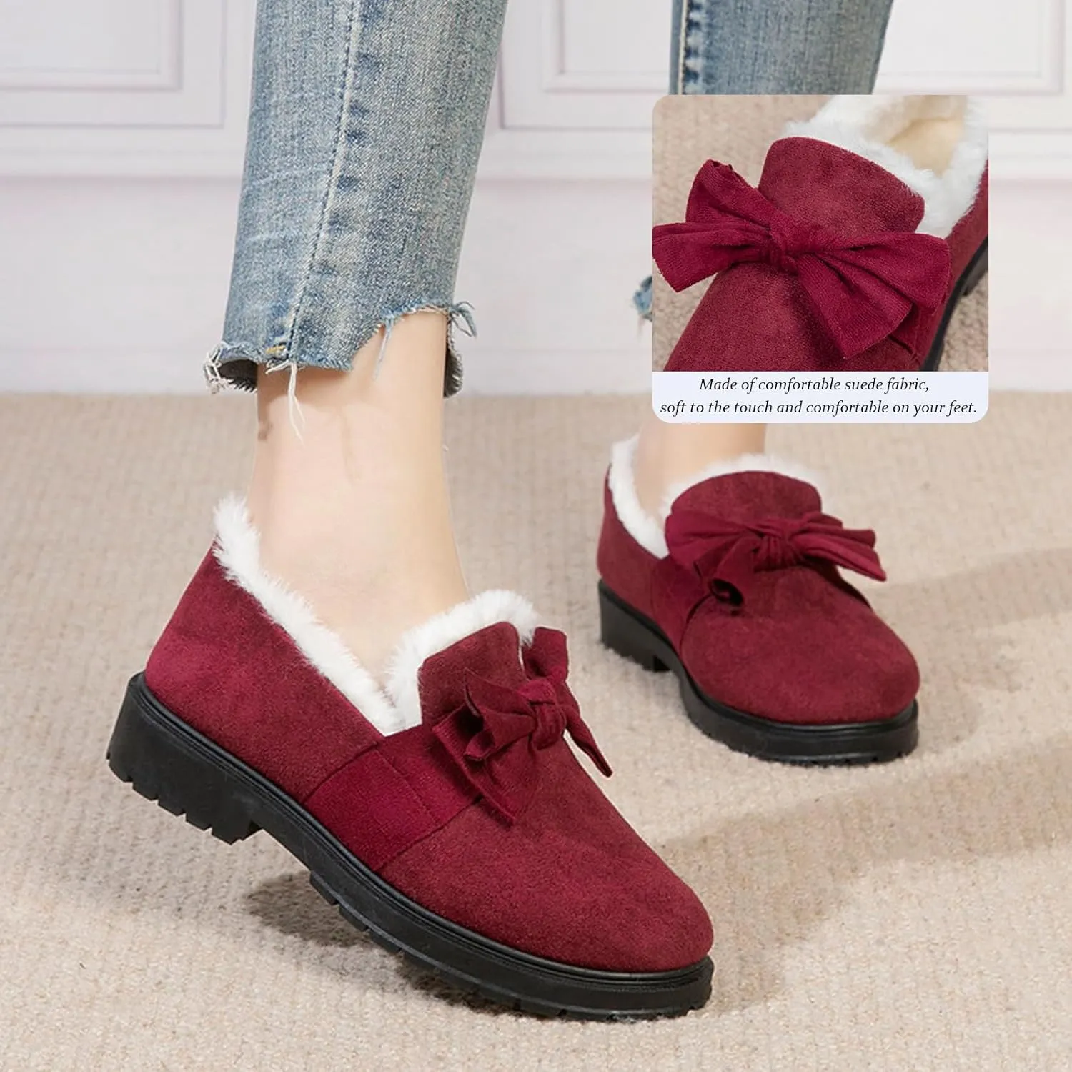 AUNTHUI Women's Winter Fleece Slip-On Loafers,Fur-Lined Warm Non-Slip Thickened Outdoor Cotton Shoes