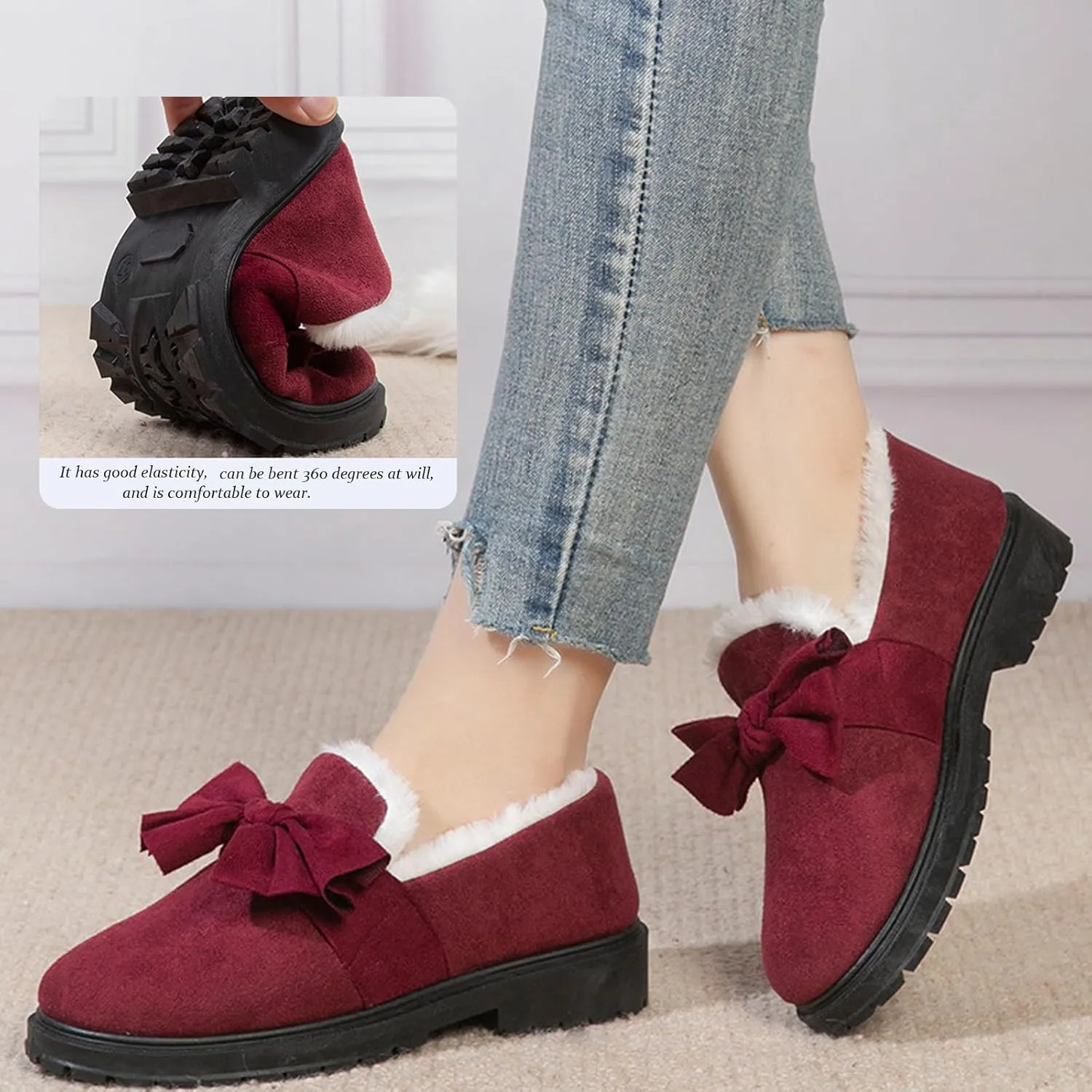 AUNTHUI Women's Winter Fleece Slip-On Loafers,Fur-Lined Warm Non-Slip Thickened Outdoor Cotton Shoes