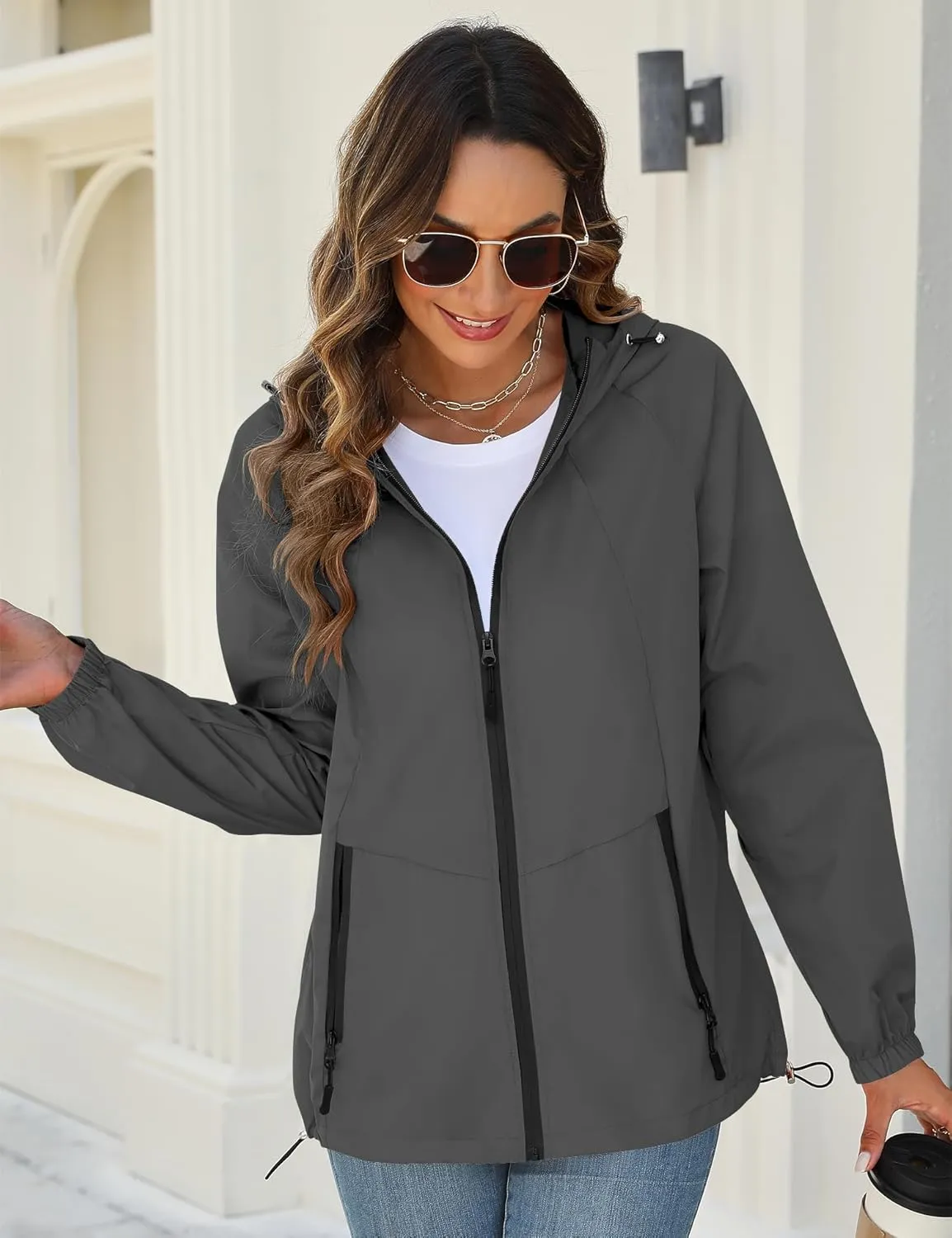 Avoogue Rain Jacket for Women Waterproof Lightweight Windbreaker Jacket with Hood Packable Raincoat with Pockets S-3XL