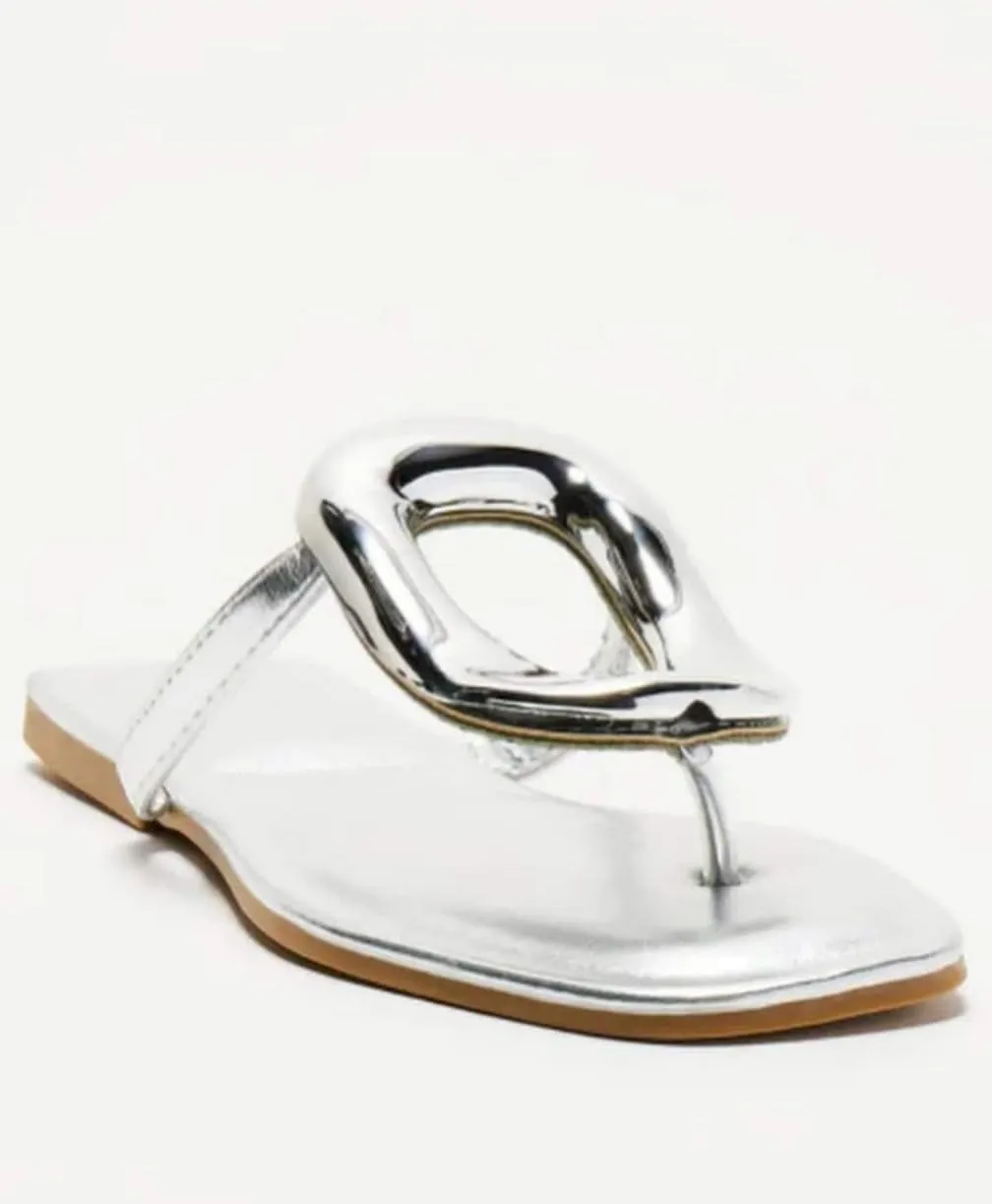 BAMBOO Women's Thong Square Toe Round Ornament Accent Flat Sandals