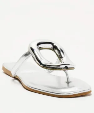 BAMBOO Women's Thong Square Toe Round Ornament Accent Flat Sandals