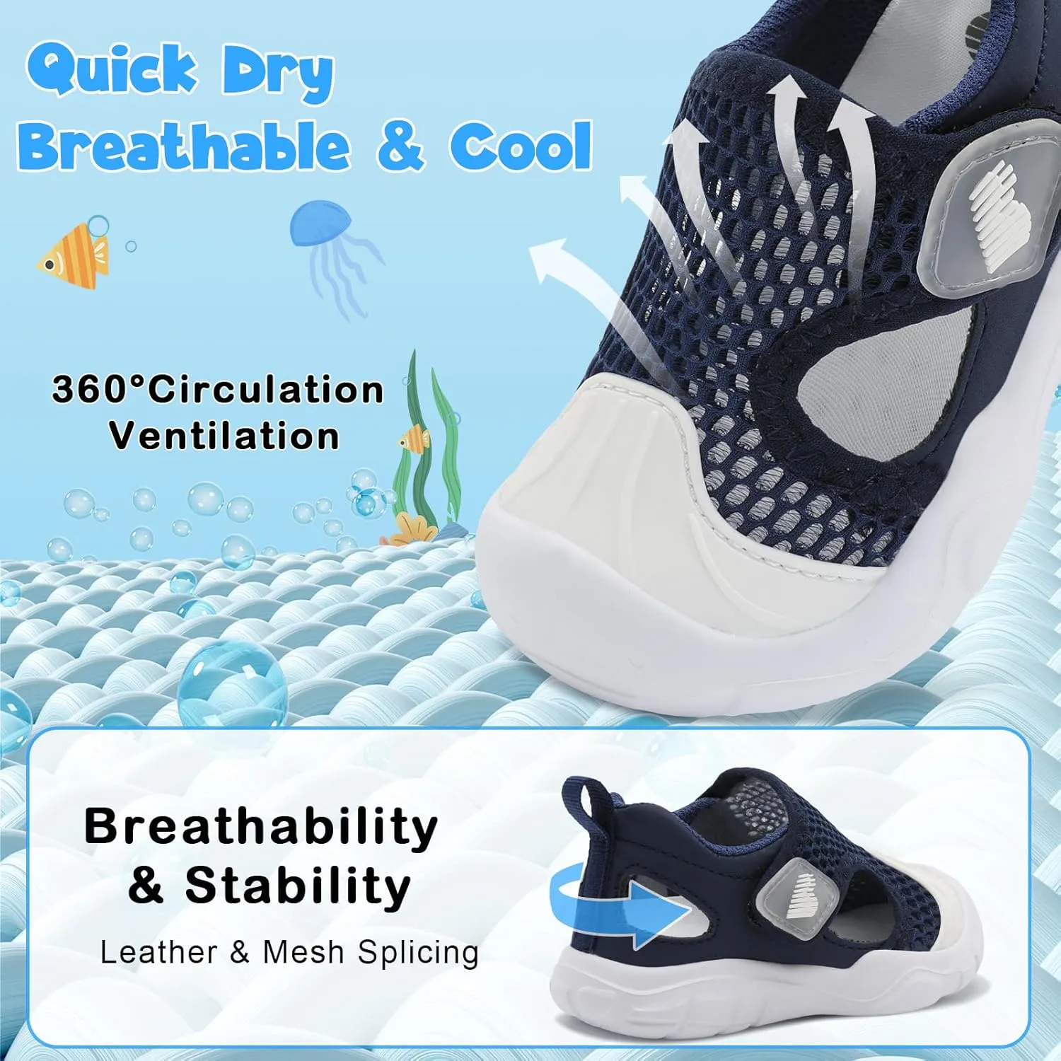 BARERUN Toddler Water Shoes Boys Girls Qucik Dry Breathable Kids Water Shoes Wide Adjustable Instep Water Sandals for Beach Swim Pool Non Slip Flexible Barefoot Sport Aqua Shoes