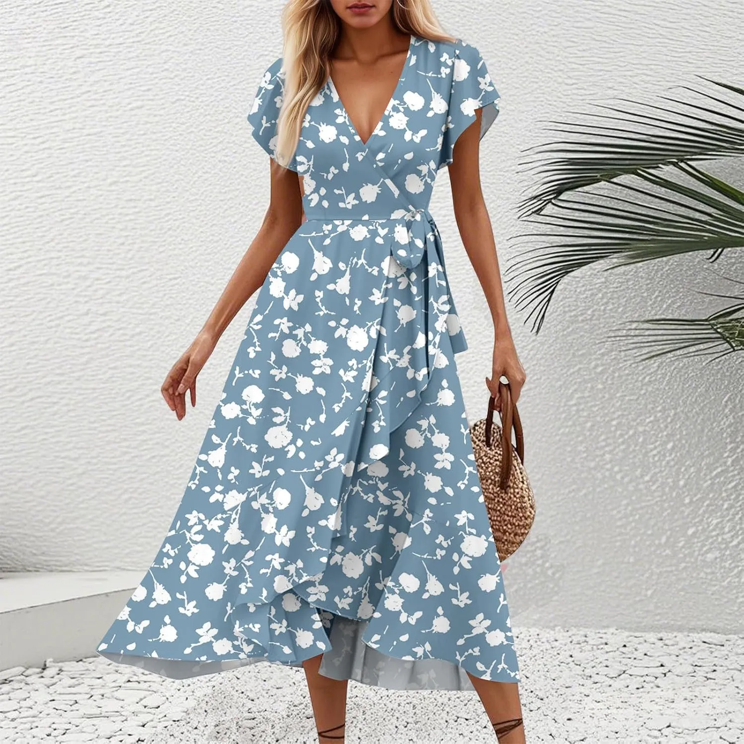 BAXLIMEK Floral Dress for Women,2025 Summer Elegant V Neck Short Sleeve Midi Dress Flowy Ruffle Irregular Hem Boho Sundress