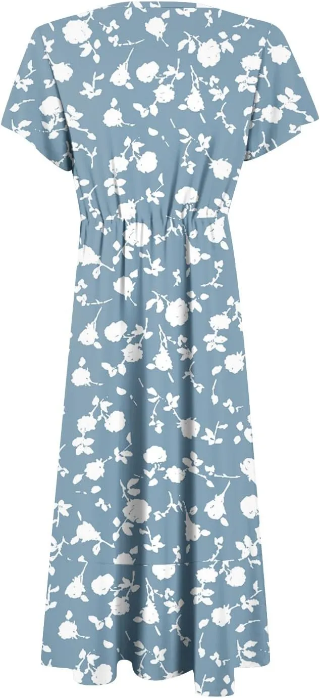 BAXLIMEK Floral Dress for Women,2025 Summer Elegant V Neck Short Sleeve Midi Dress Flowy Ruffle Irregular Hem Boho Sundress